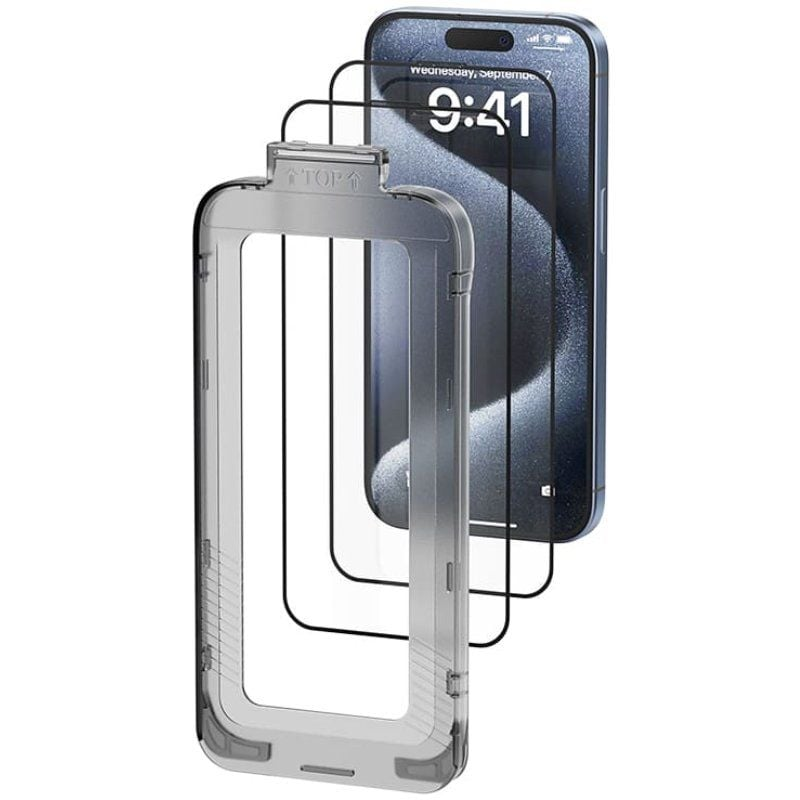 PACK 2 PROTECTORES PANTALLA CRISTAL TEM. IPHONE 15 + HERRAM. ANTIPOLVO VENTION