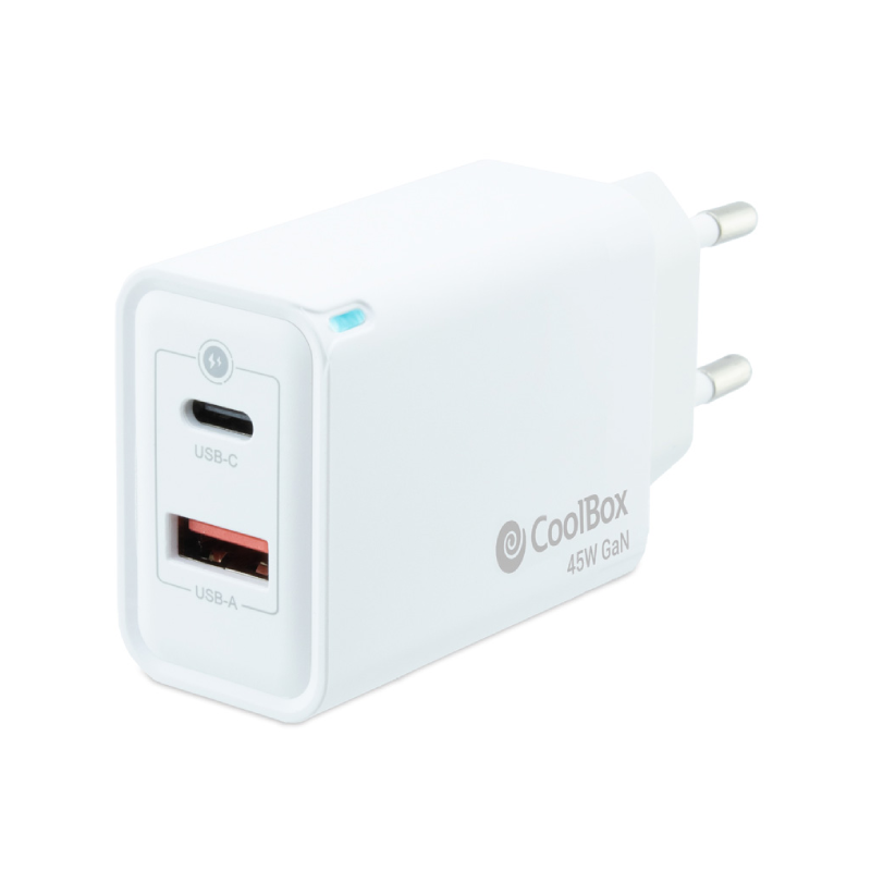 CARGADOR PARED/VIAJE 3.0 GaN USB-C/PD + USB-A 45W BLANCO COOLBOX