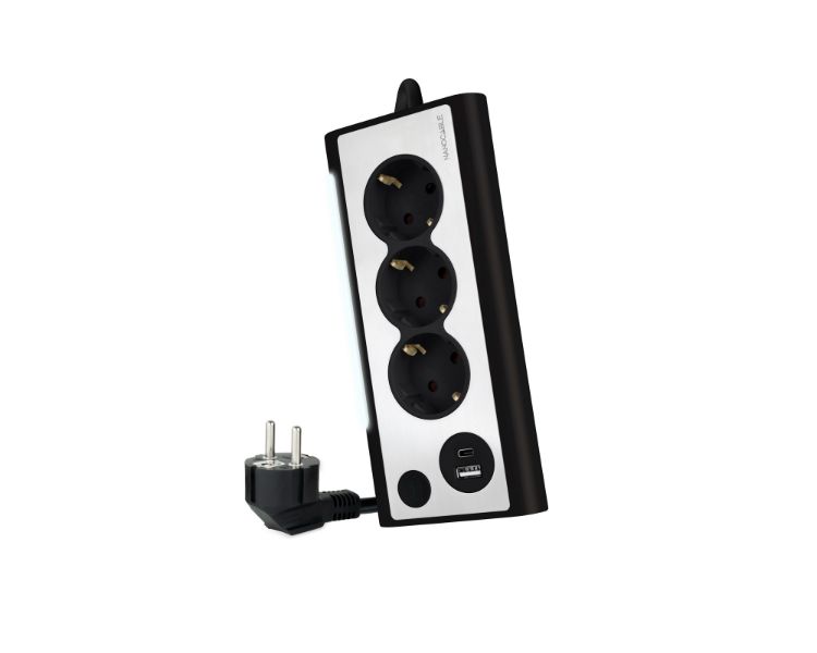REGLETA SOBREMESA 3 TOMAS + 2xUSB CON LUZ NEGRO NANOCABLE