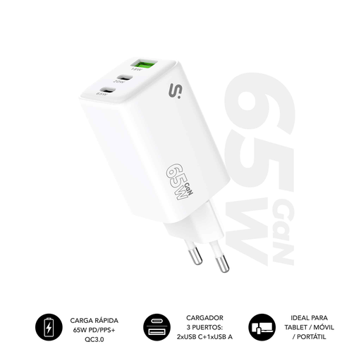[44960] CARGADOR PARED/VIAJE 2xUSB-C +USB-A GaN 65W PD BLANCO SUBBLIM