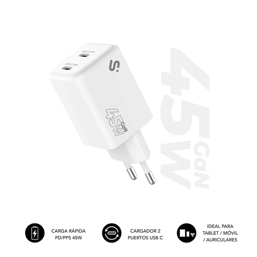 [44959] CARGADOR PARED/VIAJE 2xUSB-C GaN 45W PD BLANCO SUBBLIM