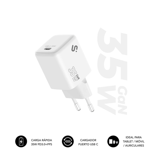 [44958] CARGADOR PARED/VIAJE USB-C GaN 35W PD BLANCO SUBBLIM