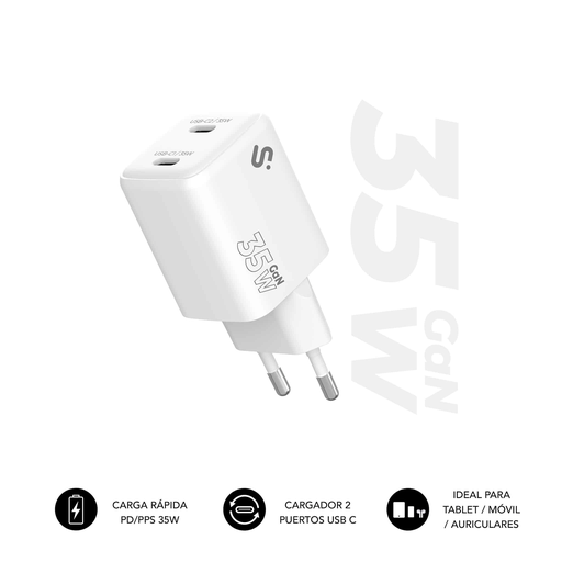 [44956] CARGADOR PARED/VIAJE USB-C + USB-C GaN 35W PD BLANCO SUBBLIM