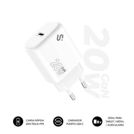 [44954] CARGADOR PARED/VIAJE USB-C GaN 20W PD BLANCO SUBBLIM