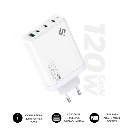 [44953] CARGADOR PARED/VIAJE 3xUSB-C + USB/A GaN 120W PD BLANCO SUBBLIM