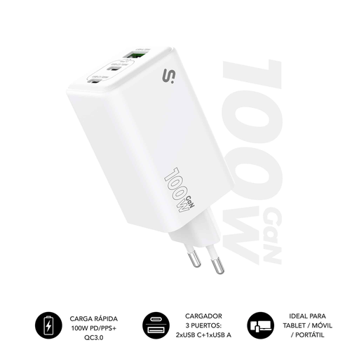 [44952] CARGADOR PARED/VIAJE 2xUSB-C + USB/A GaN 100W PD BLANCO SUBBLIM