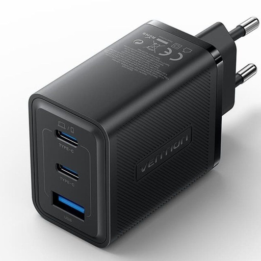[44001] CARGADOR PARED GAN 65W 2xUSB-C/USB-A NEGRO VENTION