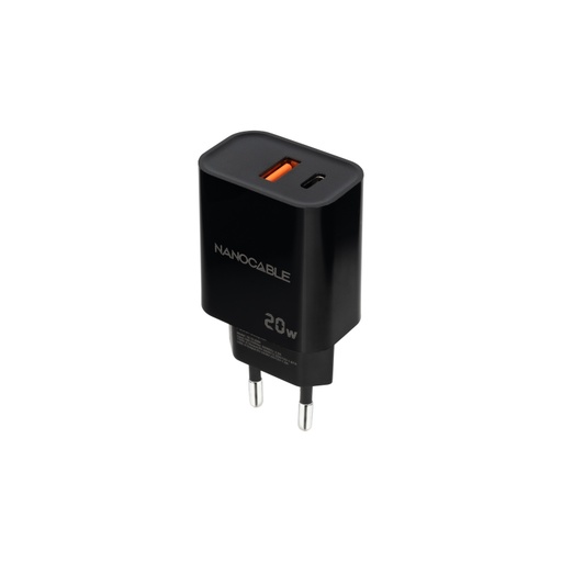 [43541] CARGADOR PARED 1XUSB-C PD 1xUSB-A/QC 20W NEGRO NANOCABLE