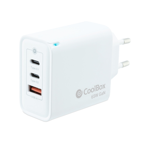 [40470] CARGADOR PARED/VIAJE 3.0 GaN 2xUSB-C/PD + USB-A 65W BLANCO COOLBOX