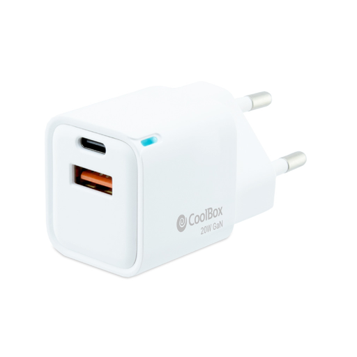 [40466] CARGADOR PARED/VIAJE 3.0 GaN USB-C/PD + USB-A 20W BLANCO COOLBOX