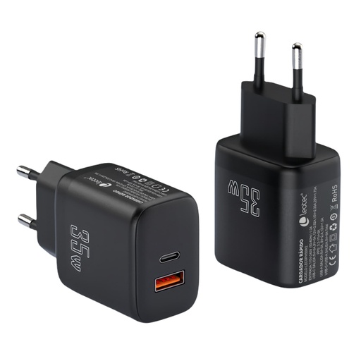 [39865] CARGADOR PARED/VIAJE USB-C PD+ 1 USB-A 35W NEGRO LEOTEC