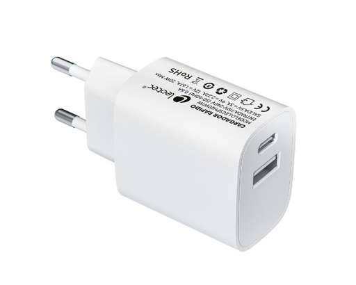 [37000] CARGADOR PARED/VIAJE USB-C/PD + USB-A 20W BLANCO LEOTEC