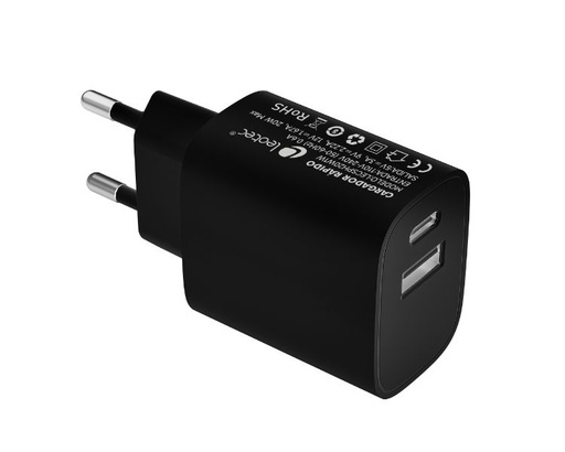 [36999] CARGADOR PARED/VIAJE USB-C/PD + USB-A 20W NEGRO LEOTEC