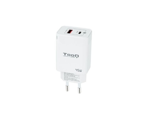 [36996] CARGADOR PARED/VIAJE GaN USB-C/PD + USB-A/QC 45W BLANCO TOOQ