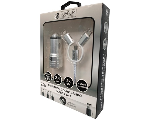 [31609] CARGADOR USB COCHE 2xUSB (2.4A) + CABLE 3EN1 PLATA SUBBLIM
