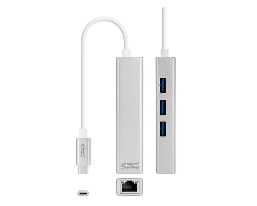 [27394] CONVERSOR USB-C A ETHERNET GIGABIT + 3xUSB 3.0 15cm PLATA NANOCABLE