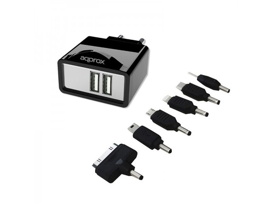 [21066] CARGADOR USB DE VIAJE/PARED DUAL+ 6 TIPS NEGRO APPROX